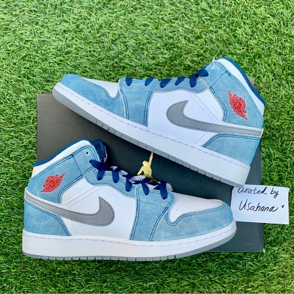 Nike Air Jordan 1 Mid GS white blue grey shoes - Picture 2 of 5